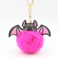 Halloween pom pom keychain with bright pink faux fur bat ears and gold lobster clasp - Rose Red