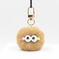 Brown plush 4cm pompom keychain with big eyes and gold metal clasp for bags and keys - Khaki