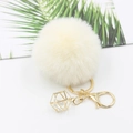 Creamy white 8cm faux fur pompom keychain with golden crystal geometric pendant charm - Beige