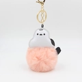 Detail of pink faux fur pompom keychain with white PU leather cartoon bird and gold clasp - Pink
