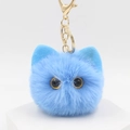 Creative sky blue fluffy cat head plush keychain with golden metal ring for bags - Blue