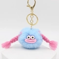 Sky blue plush monster keychain with pink braids and googly eyes on white podium - Sky Blue