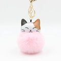 Cute cartoon lucky cat plush pompom keychain with pink fluffy ball and gold keyring - Light Pink