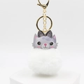 Detail of cute cat plush ball keychain with grey leather head and white fluffy pompom - White