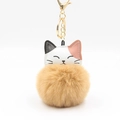 Cute cartoon cat head plush pompom keychain with golden metal clasp on white background - Khaki