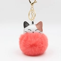 Close-up of pink faux fur pompom keychain with cat head charm and gold metal lobster clasp - Orange Red