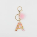 Pink faux fur pompom keychain with resin letter A and colorful heart-shaped sequins - Letter A