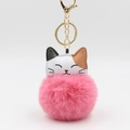 Cute cartoon cat keychain with pink faux fur pompom and golden lobster clasp - Deep Pink