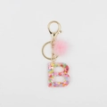 Colorful resin letter B keychain with sequins and a soft pink plush pom pom ball - Letter B