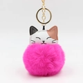 Cute pink pompom cat keychain with white patterned head and golden metal ring for bags - Rose Red