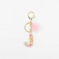 Détail du porte-clés lettre J en résine avec paillettes cœur et pompon en fausse fourrure - Lettre J