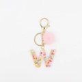 Détail du porte-clés en résine lettre W avec paillettes roses et pompon pelucheux - Lettre W