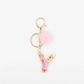 Détail du pompon en fausse fourrure rose et porte-clés lettre Y en résine avec paillettes - Lettre Y