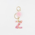 Porte-clés lettre Z en résine pailletée avec pompon rose et mousqueton doré brillant - Lettre Z