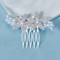 Elegant silver bridal hair comb with light blue crystals and floral rhinestone design - Side-by-Side Double Flower (HS-J6875S)