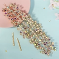 Luxury bridal hairband with crystal leaf design and gold clips for wedding hairstyles - Gold Iridescent Leaf Hair Accessory Set With 2 Clips (HS-J7144GAB)