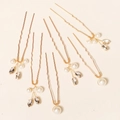 Detail of 6-piece golden U-shaped hair pins with faux pearls and marquise crystals - Alloy Wrapped Pearl Rhinestone Hair Stick (HS-J6484) / 6Pcs/Set