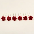 Detail view of 6-piece red velvet rose U-shaped hair pins for elegant bridal hairstyling - Red Rose Flocked Hair Stick (HS-J6516RED) / 6Pcs/Set