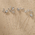 Detailed macro view of four-piece silver crystal hair pins with white pearls and beads - Silver Handmade Woven Crystal Hair Stick (HS-J6639S) / 4Pcs Set