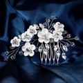 Elegant bridal hair comb with white matte clay flowers, crystals, and silver metal wires - Hs-j7245s