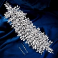 Luxurious silver bridal crystal leaf headband and clip set on navy blue satin background - Silver Marquise Rhinestone Leaf Hairband With 2 Clips (HS-J7342S)