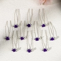 Detailed set of 10 purple rose U-shaped hair pins with crystals for bridal styling - Purple Rose Flower Style (HS-J6513PURPLE)