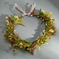 Floral wreath headband with artificial greenery and pale pink ribbon for weddings - Mori Girl Style
