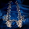 Exquisite pearl and feather leaf hair clips on elegant navy blue pleated satin background - Duckbill Hair Clips / Silver