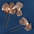 Golden filigree petal hairpins with white pearls and clear beads on navy background - Gold Pair Style (HS-J7192G) / 2Pcs/Set / Gold