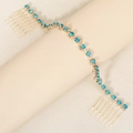 Eleganter Braut-Haarkamm-Kette mit himmelblauen Strasssteinen und Goldlegierung - Gold Himmelblau Strass Haarkette (HS-J5897GLB)