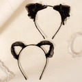 Cute black lace cat ear headband set with satin bows and intricate crochet details - Black (2-Piece Set)
