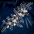Set accessori capelli sposa con fiori, perle e strass su seta blu scuro - Vite per Capelli Floreale a Onde (HS-J7349S)