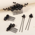 Elegante set di 5 pezzi di pettini e forcine per capelli con perle nere da sposa - Stile Perla Nera (HS-J7138BLK)