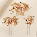 Three-piece gold bridal hair pin set with white pearls and sparkling leaf motifs - Hs-j7151g