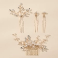 Elegant 4-piece bridal hair jewelry set with golden leaves and white pearls for weddings - Hs-j7073g