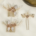 Pink floral bridal hair comb set with gold wires, white pearls and crystal beads - Hs-j6360