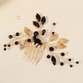 Handmade black rhinestone hair comb with gold leaves for Halloween or bridal parties - Black Gold Vintage Five-Tooth Style (HS-J7137GBLK)