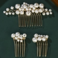 Bridal 3-piece hair comb set with white pearls and gold metal base for elegant updos - Gold White Pearl Comb Style (HS-J6903G)