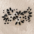 Handmade black crystal and pearl hair comb with five-petal flower design for weddings - Black White Silver Handmade Floral Style (HS-J6869SBLK)