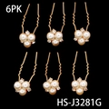 Lot de 6 épingles à cheveux dorées en U avec perles blanches et strass brillants - Style Fleur en Grappe (HS-J3281G)