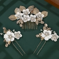 Elegant bridal hair comb set with white flowers, golden leaves, and pearls - Hs-j7113g