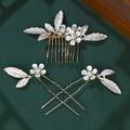 Golden leaf and white flower bridal hair comb set with pearl accents for wedding styling - HS-J6357