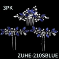 3-piece bridal hair jewelry set with blue crystals and pearls on silver vines - Blue Crystal Combination (ZUHE-210SBLUE)
