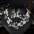 Handmade bridal jewelry set with white pearls and crystals on a black display - Silver (Freshwater Pearl) (NS-J5875S)