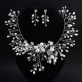 Silver bridal jewelry set with handmade pearls and crystal branch necklace and earrings - Silver (Imitation Pearl) (NS-J1459)