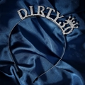 Detail of silver birthday headband with Dirty 30 crystal lettering on blue satin - Dirty 30 / Silver