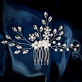 Bridal hair comb with silver wire, sparkling marquise rhinestones and white pearls - Hair Comb (HS-J7344S)