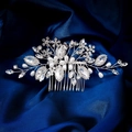 Silver bridal hair comb with rhinestones and pearls on dark blue satin fabric - Hair Comb (HS-J7360S)