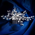 Elegant silver bridal hair comb with crystal flowers and pearls on blue satin fabric - Hair Comb (HS-J7359S)