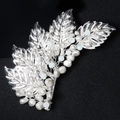 Handmade bridal hair clip with silver leaves, white pearls and light blue beads - Silver (HS-J6391S)